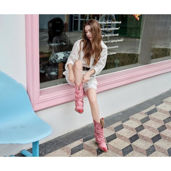 Women's Pink Leather Vintage Retro Mid Calf Chunky Heels Western Cowgirl Boots - Picture 3 of 8